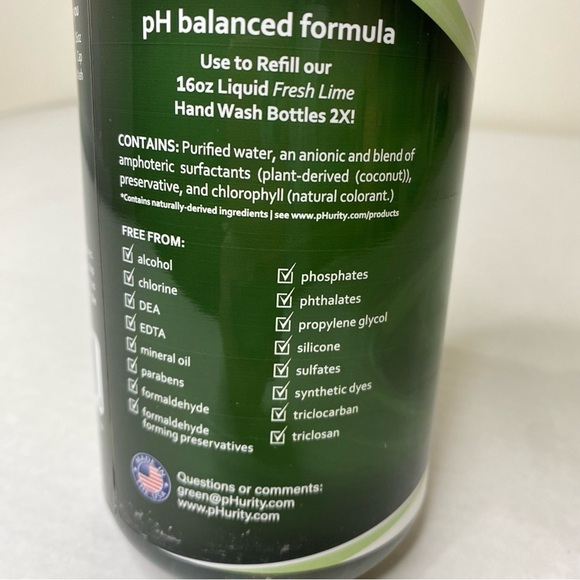 Phurity Green Liquid Hand Wash Refill Fresh Lime Essential Oil 33.8 Fl Oz - Picture 4 of 4